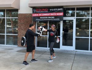 Demonstration of kickboxing moves by Perry and Lynette Spinelli