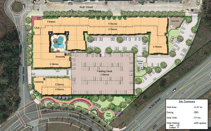 An illustrative site plan show the layout for The Flats on Front expected to be built at 111 Cowan St. in downtown Wilmington (Plan courtesy of DPJ Residential