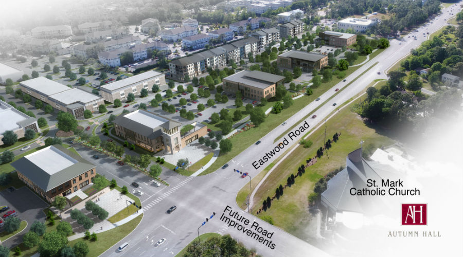 An LS3P-designed rendering -- with labels added for orientation -- shows the next phase of mixed-use development Autumn Hall. (Renderings courtesy of Cape Fear Commercial / GHK Cape Fear Development)