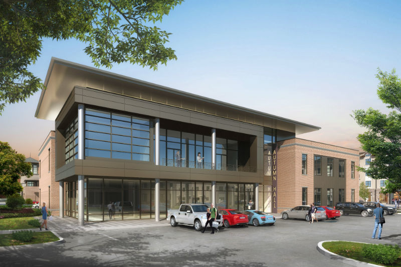 A rendering shows one of the office buildings planned as part of the next phase of mixed-use community Autumn Hall on Eastwood Road. (Photo courtesy of Autumn Hall)