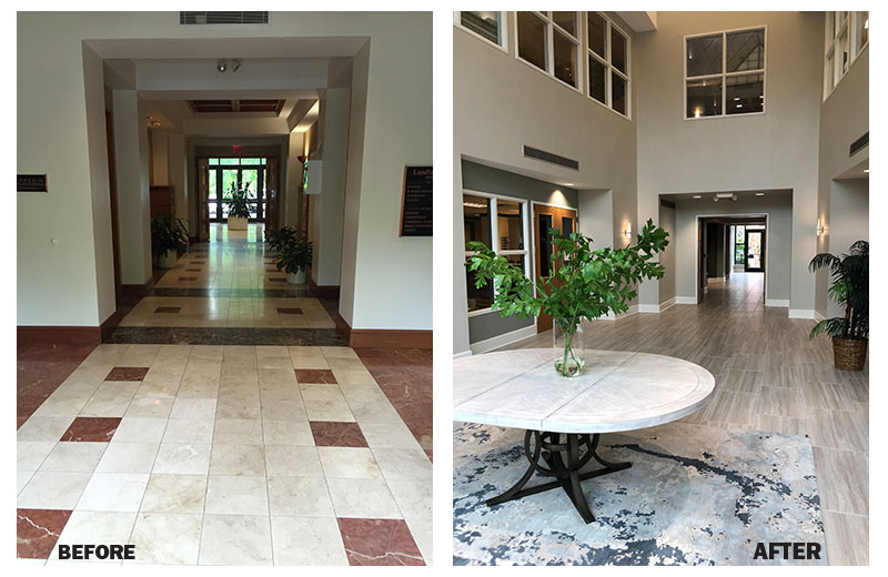 Before and after photo of Landfall Park's lobby.