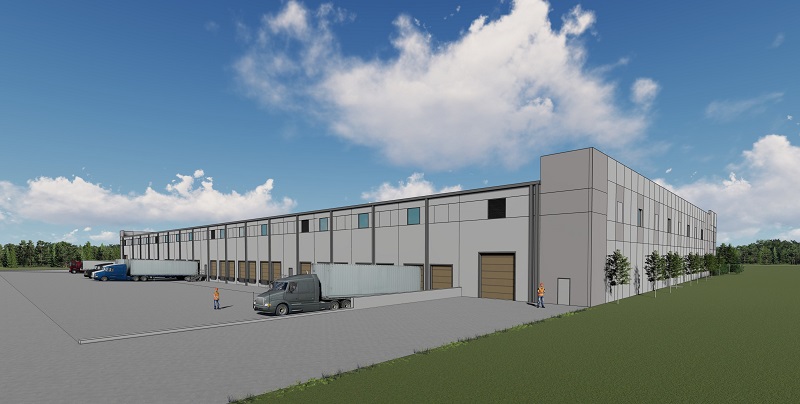 Illustrative rendering of Industrial Spec Building at Pender Commerce Park that showcases dock doors and large drive-in doors