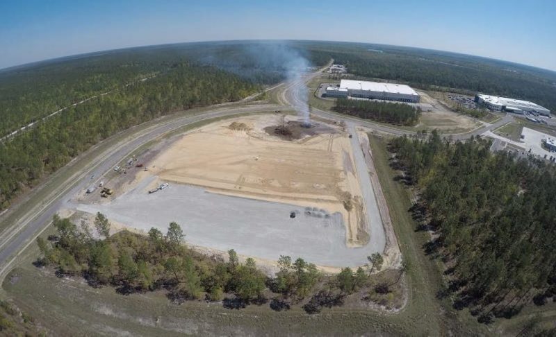 Aerial of breaking ground at Pender Commerce Park