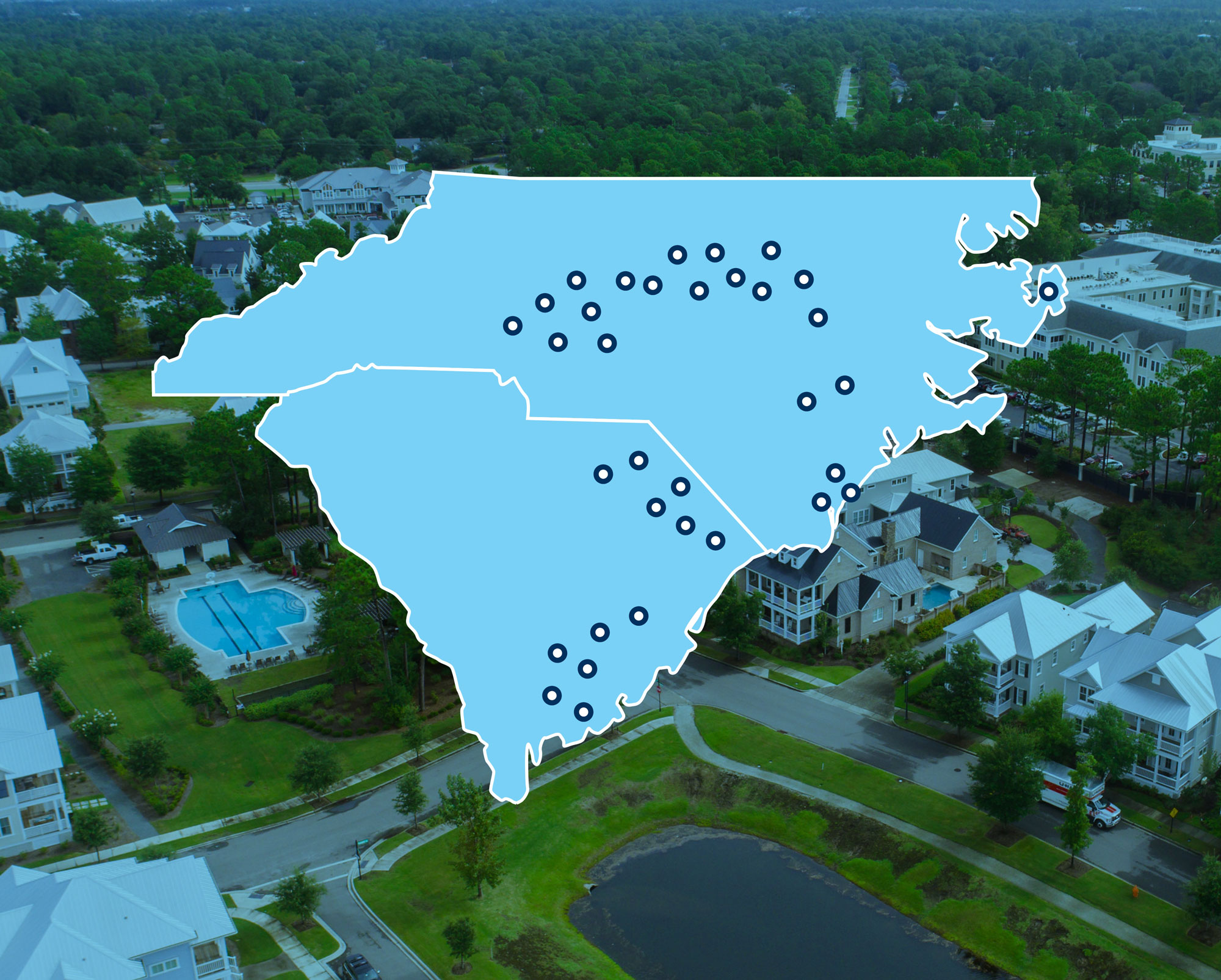 Map of North and South Carolina with residential community in background