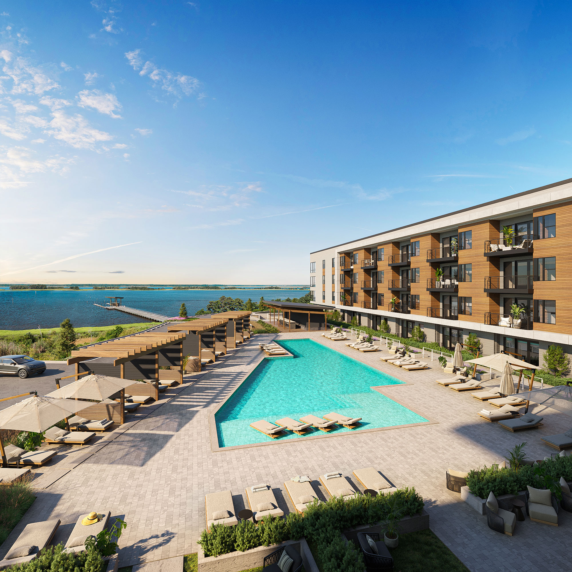 Proximity Watermark apartment units overlooking pool + waterway