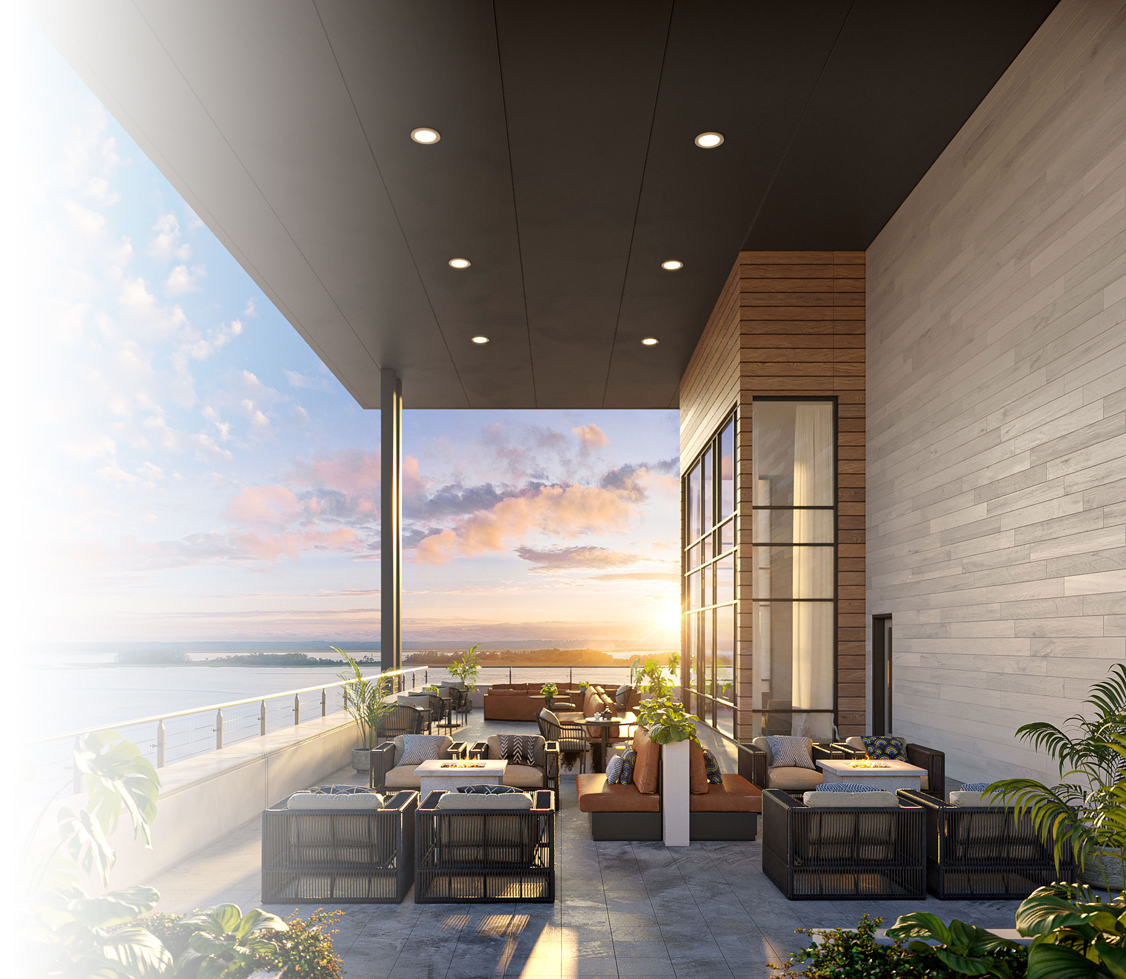 Proximity Watermark exterior rendering: covered rooftop patio