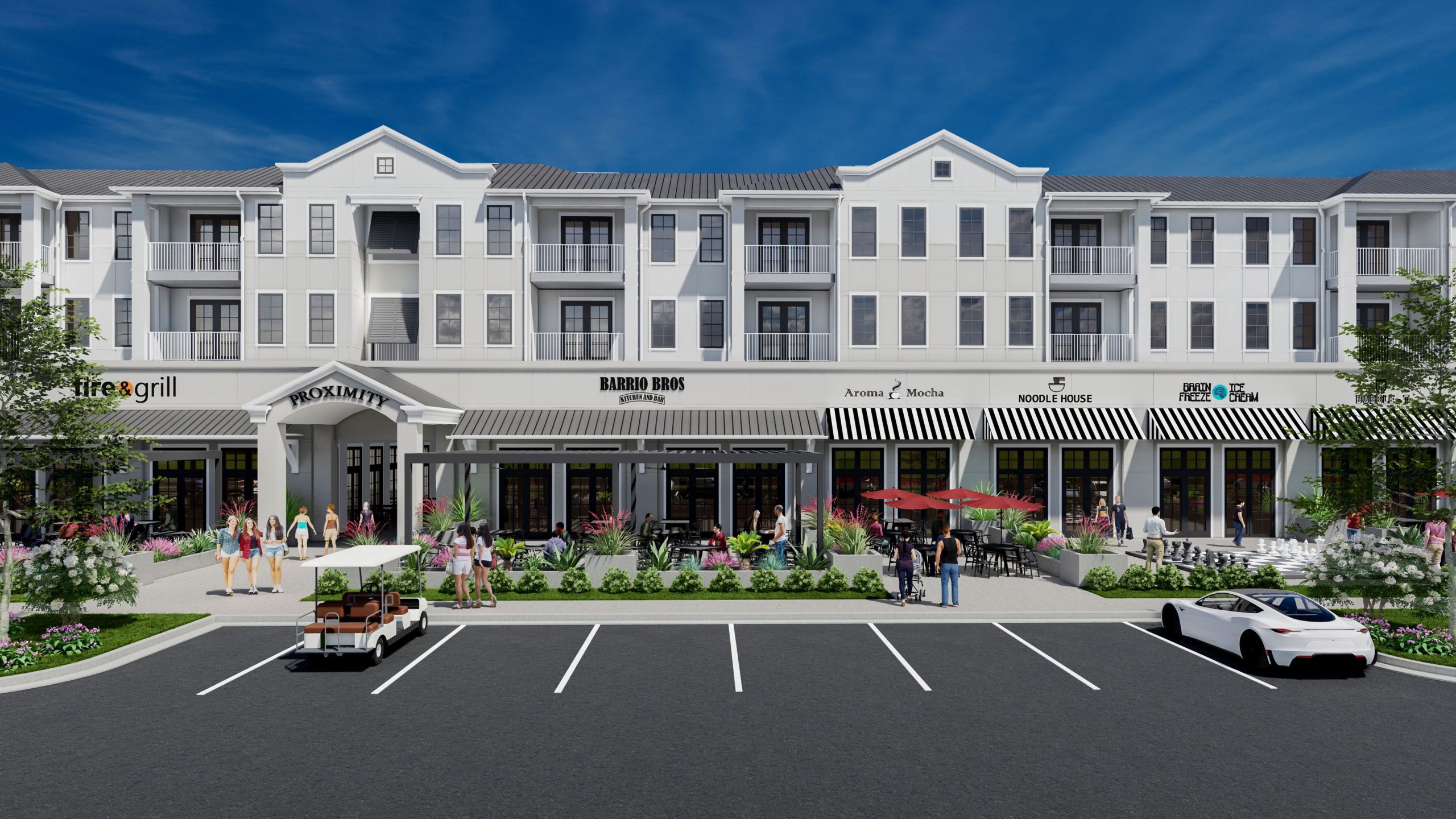 Proximity Carolina Beach exterior rendering: apartments + retail