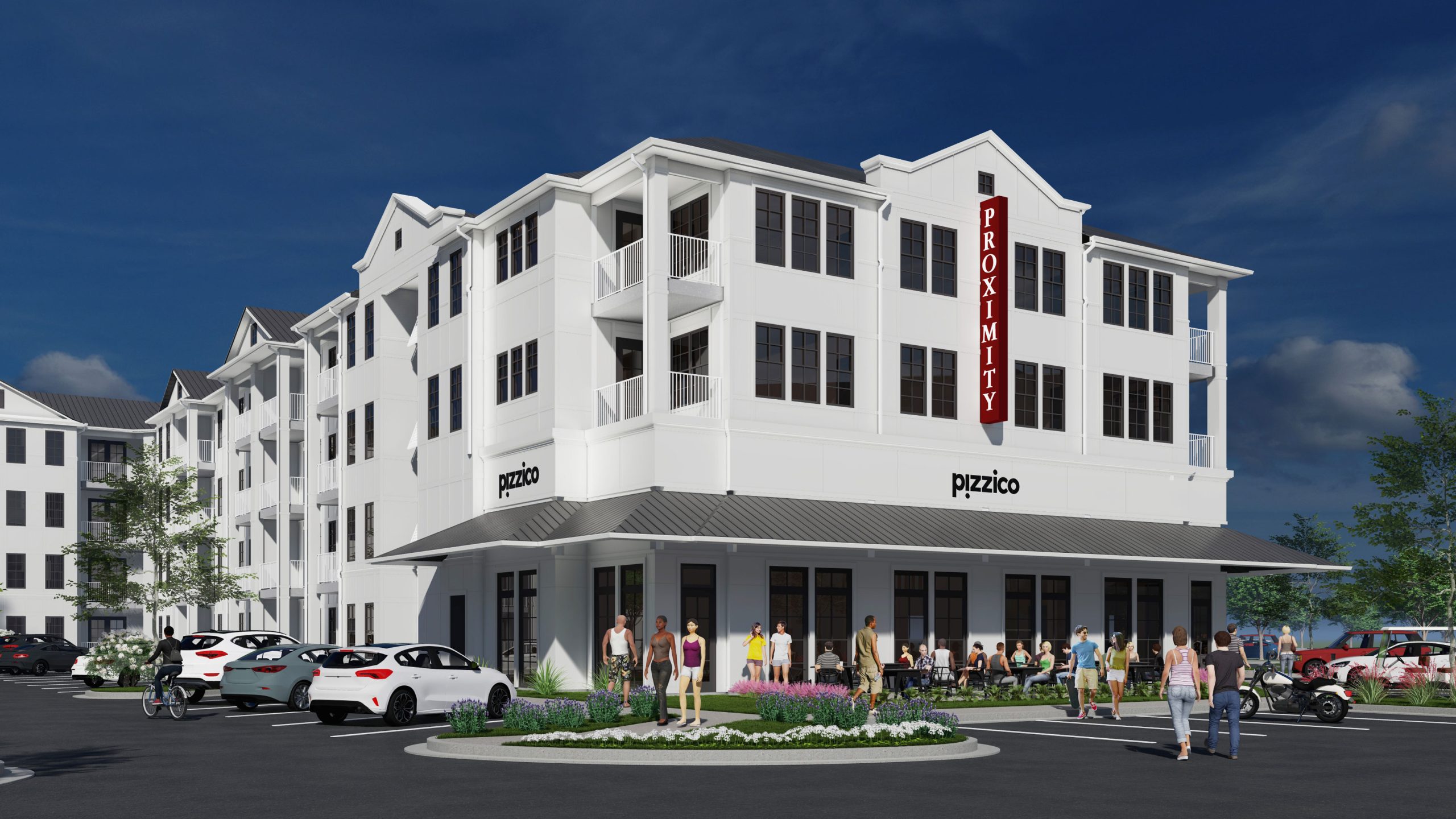 Proximity Carolina Beach exterior rendering: apartments + retail