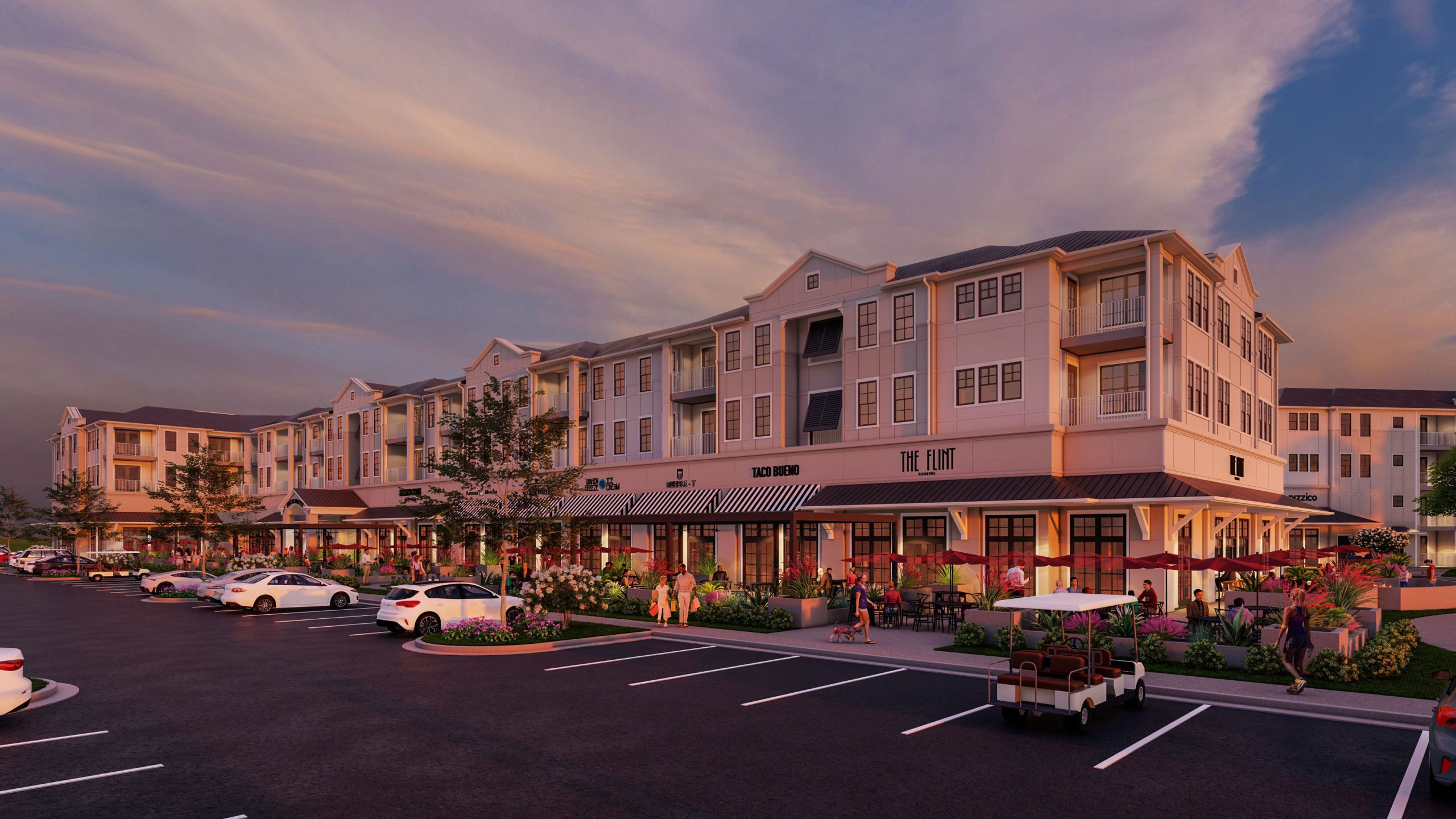 Proximity Carolina Beach exterior rendering: apartments + retail