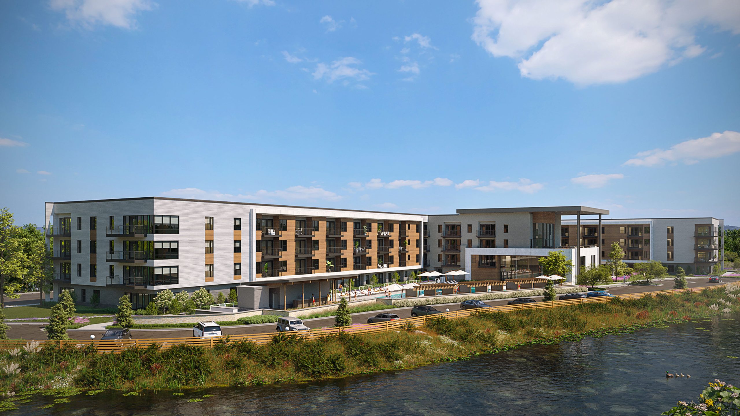 Proximity Watermark exterior rendering: apartment complex near waterway