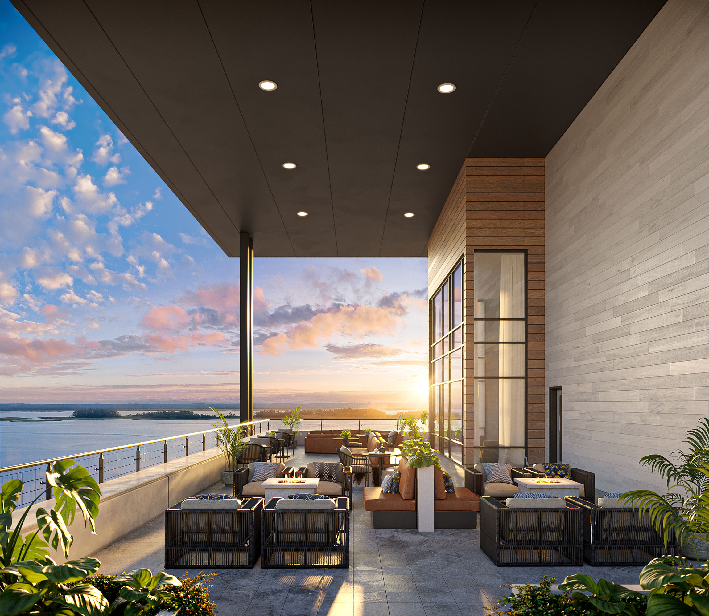 Proximity Watermark exterior rendering: covered rooftop patio