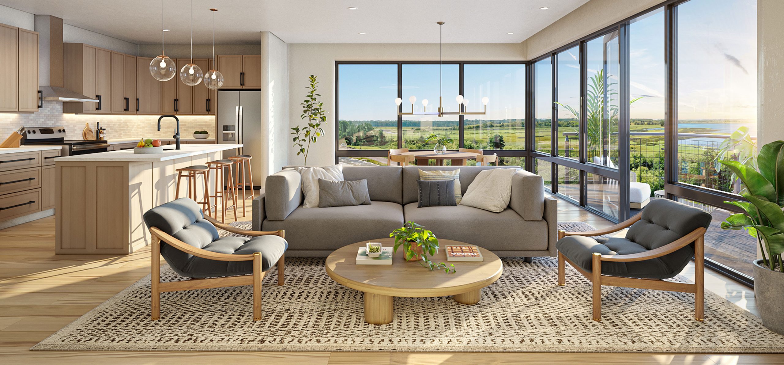 Proximity Watermark interior rendering: kitchen + living room
