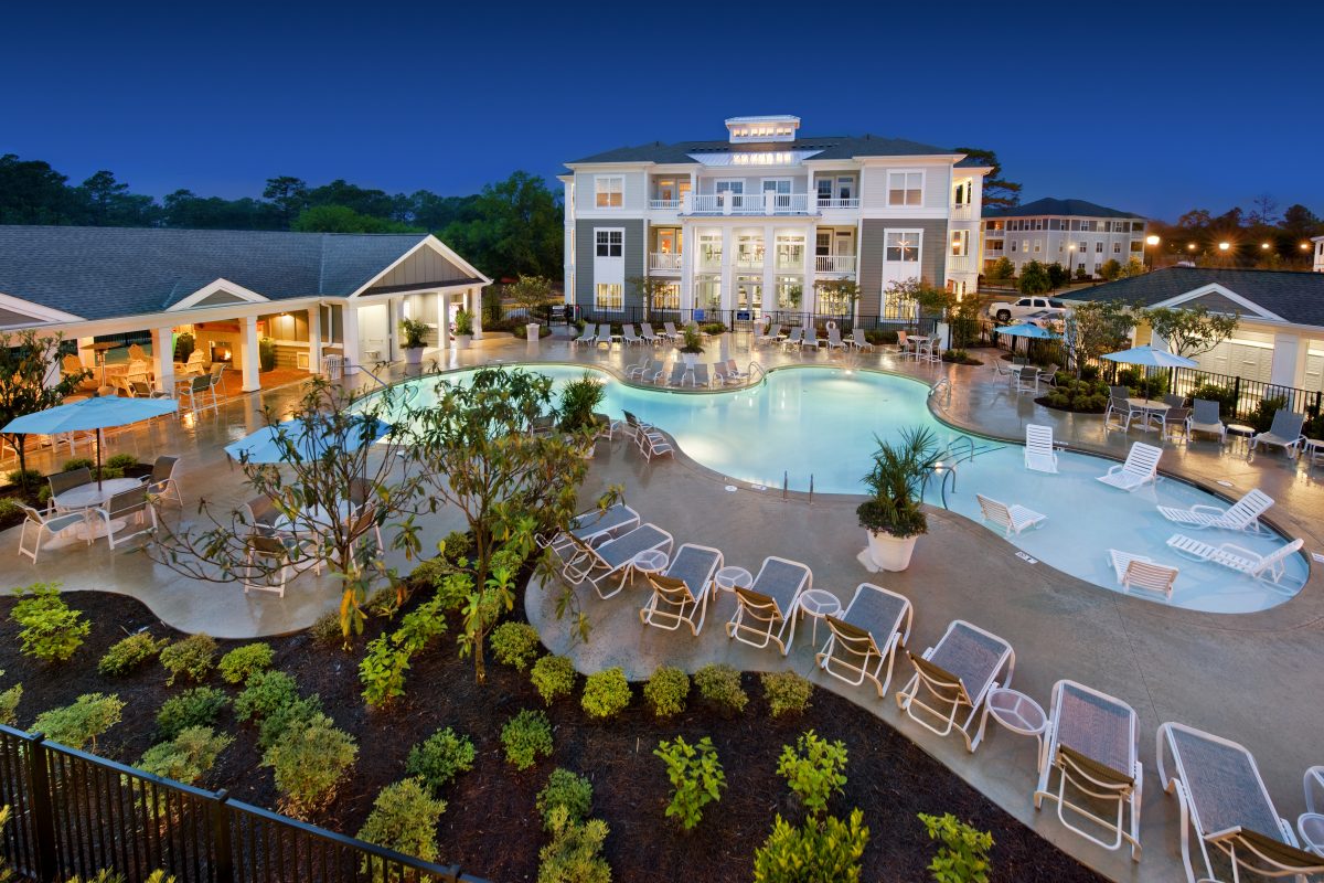 Headwaters at Autumn Hall exterior: pool + apartments