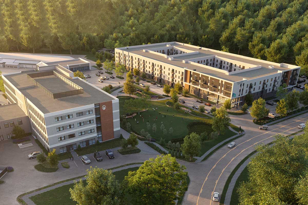 Aerial view of Proximity Government Center rendering