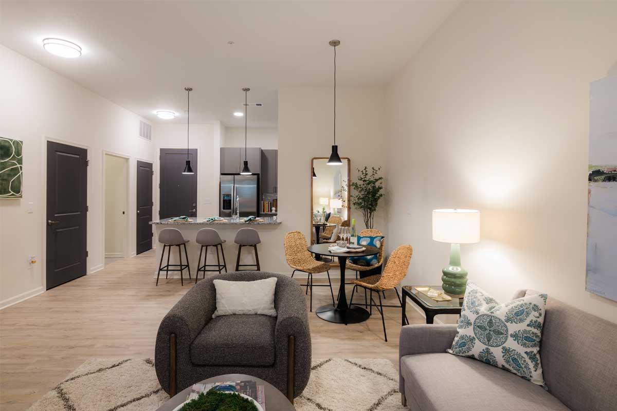 Hudson Renaissance interior: living room + kitchen