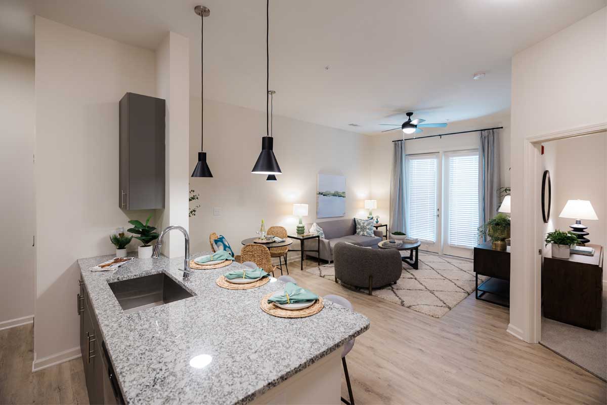 Hudson Renaissance interior: living room + kitchen