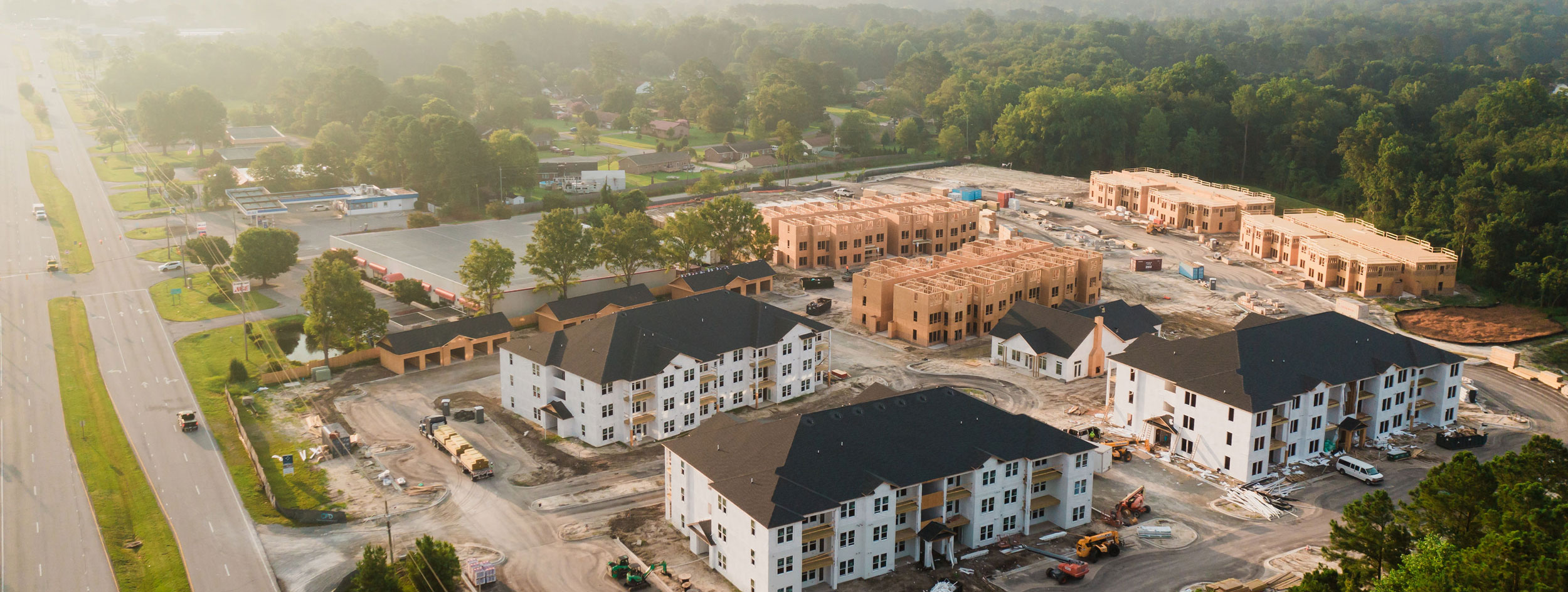 Aerial view of apartment complex under construction