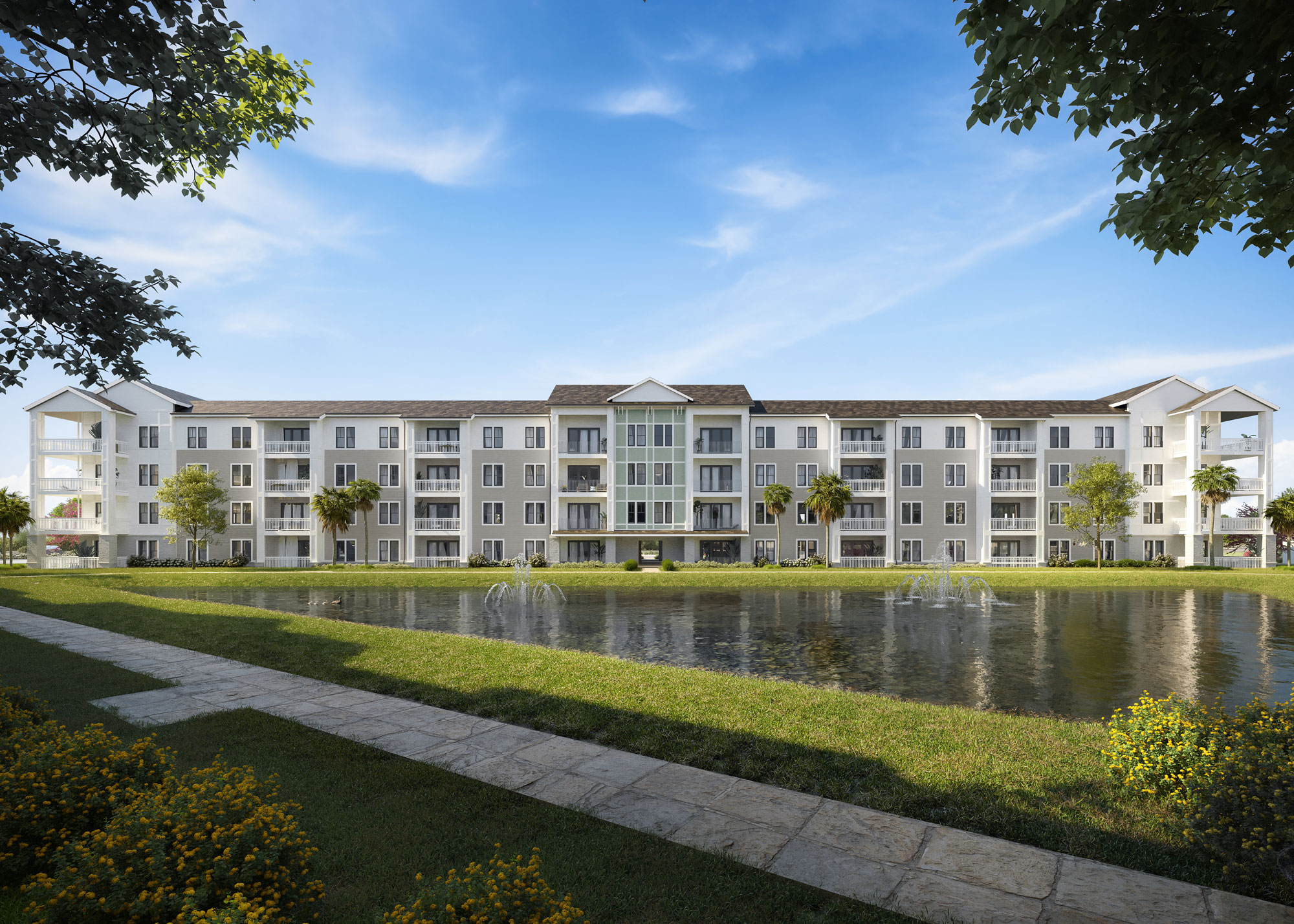 Coastal Grand exterior: pond + sidewalk